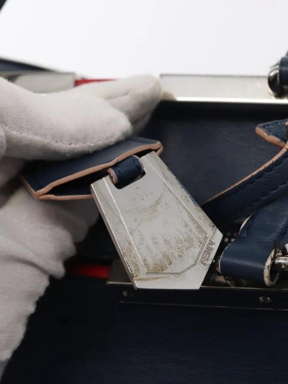 FENDI Trois Jules Hand Bag Leather Navy Silver Auth - Picture 11 of 16